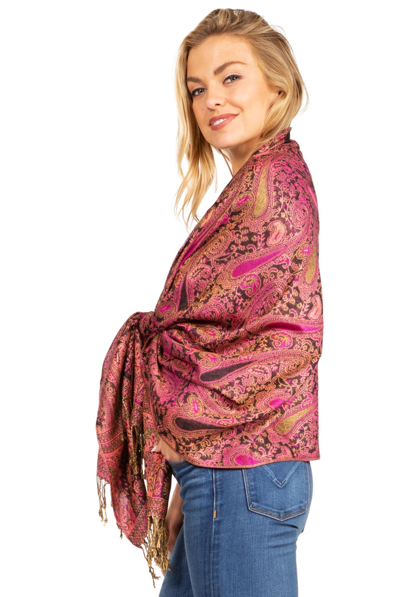 Sakkas Kalin Long Wide Paisley Design Woven Pashmina Shawl Scarf Wrap Stole - Pink/Black - OS - Image 3